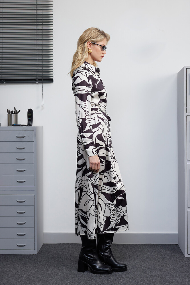 BE BLUE - SİYAH FLORAL DESENLİ GÖMLEK ELBİSE