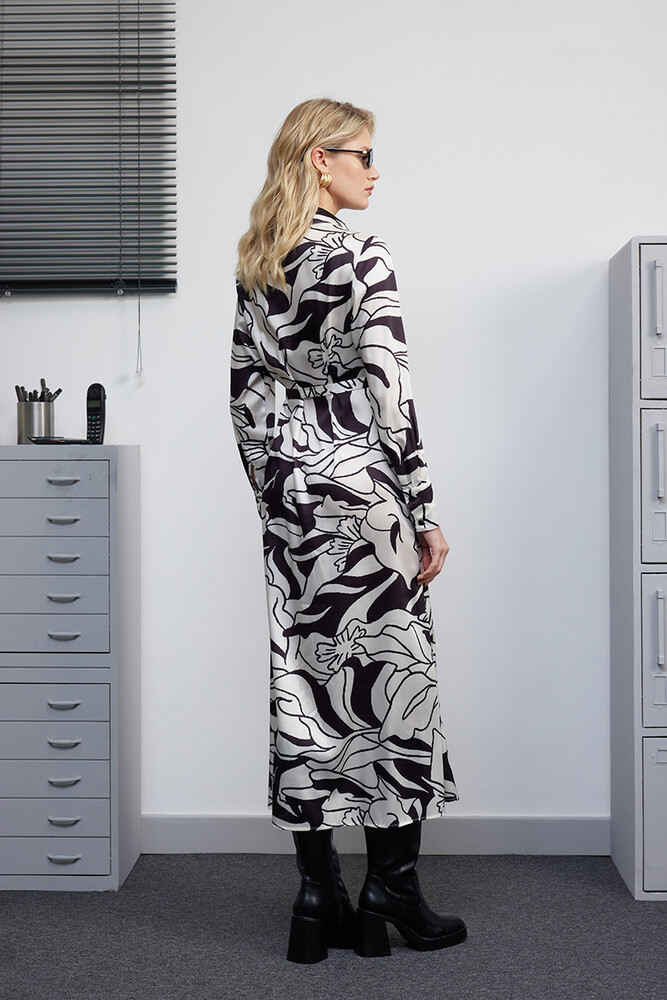 BE BLUE - SİYAH FLORAL DESENLİ GÖMLEK ELBİSE