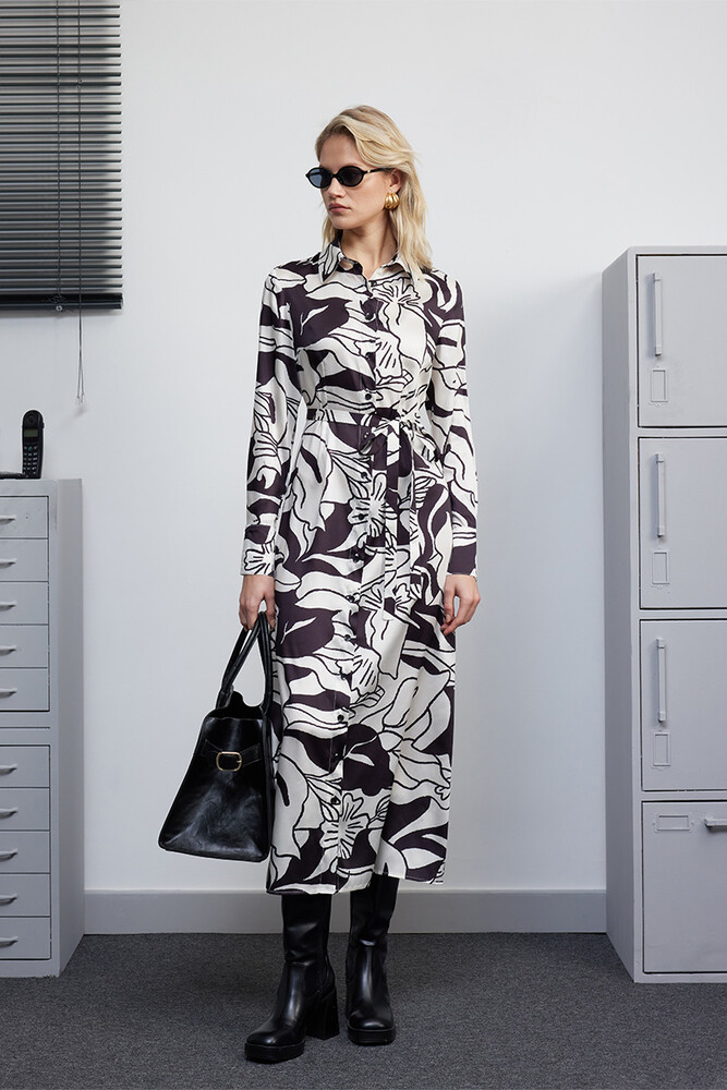 BE BLUE - SİYAH FLORAL DESENLİ GÖMLEK ELBİSE