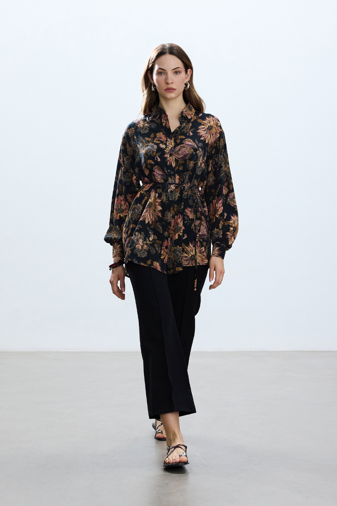 BE BLUE - SİYAH FLORAL DESENLİ VINTAGE GÖMLEK