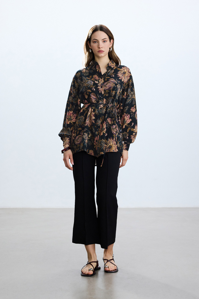 BE BLUE - SİYAH FLORAL DESENLİ VINTAGE GÖMLEK