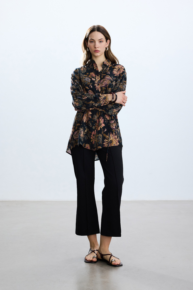 BE BLUE - SİYAH FLORAL DESENLİ VINTAGE GÖMLEK