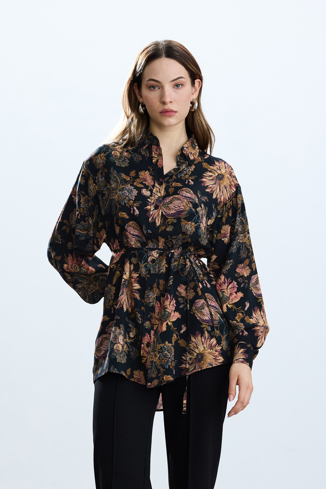 BE BLUE - SİYAH FLORAL DESENLİ VINTAGE GÖMLEK