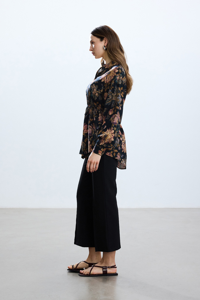 BE BLUE - SİYAH FLORAL DESENLİ VINTAGE GÖMLEK