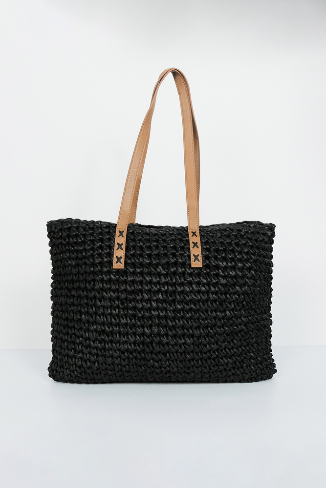 BE BLUE - SİYAH DERİ SAPLI HASIR ÇANTA