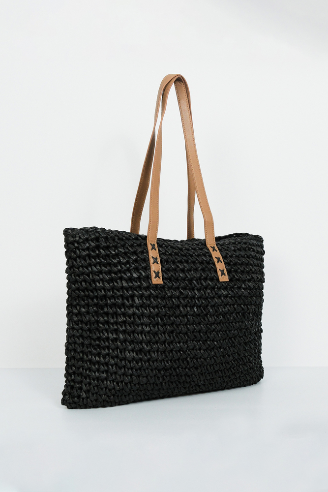 BE BLUE - SİYAH DERİ SAPLI HASIR ÇANTA