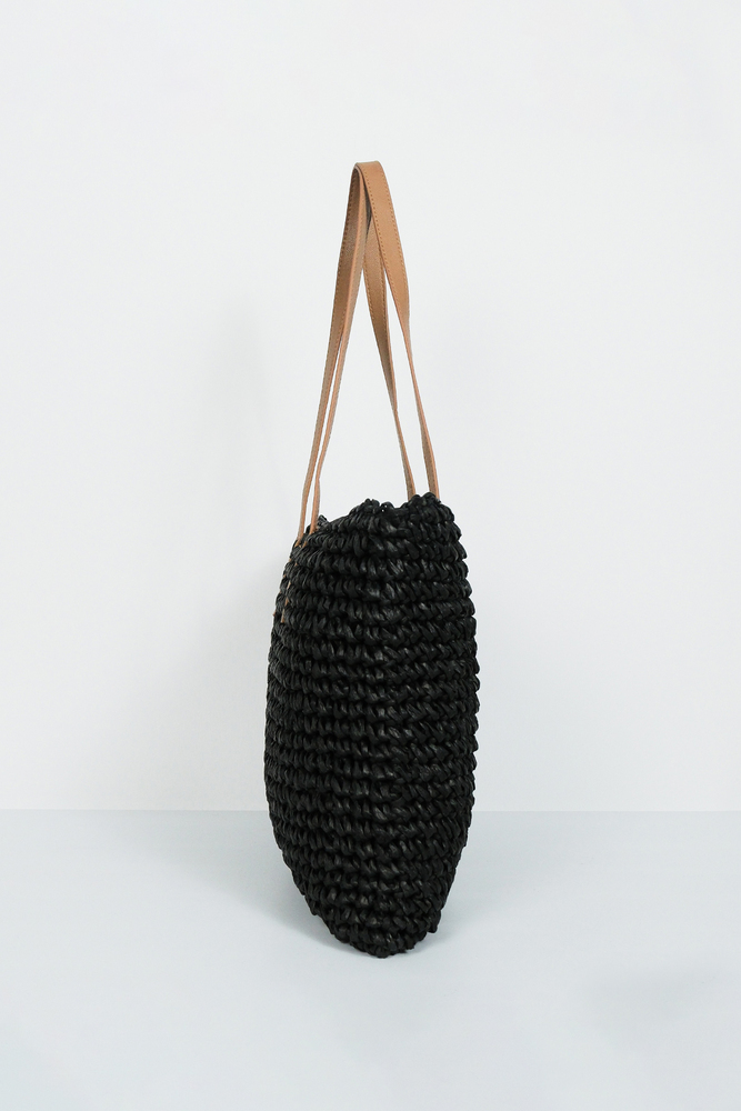 BE BLUE - SİYAH DERİ SAPLI HASIR ÇANTA