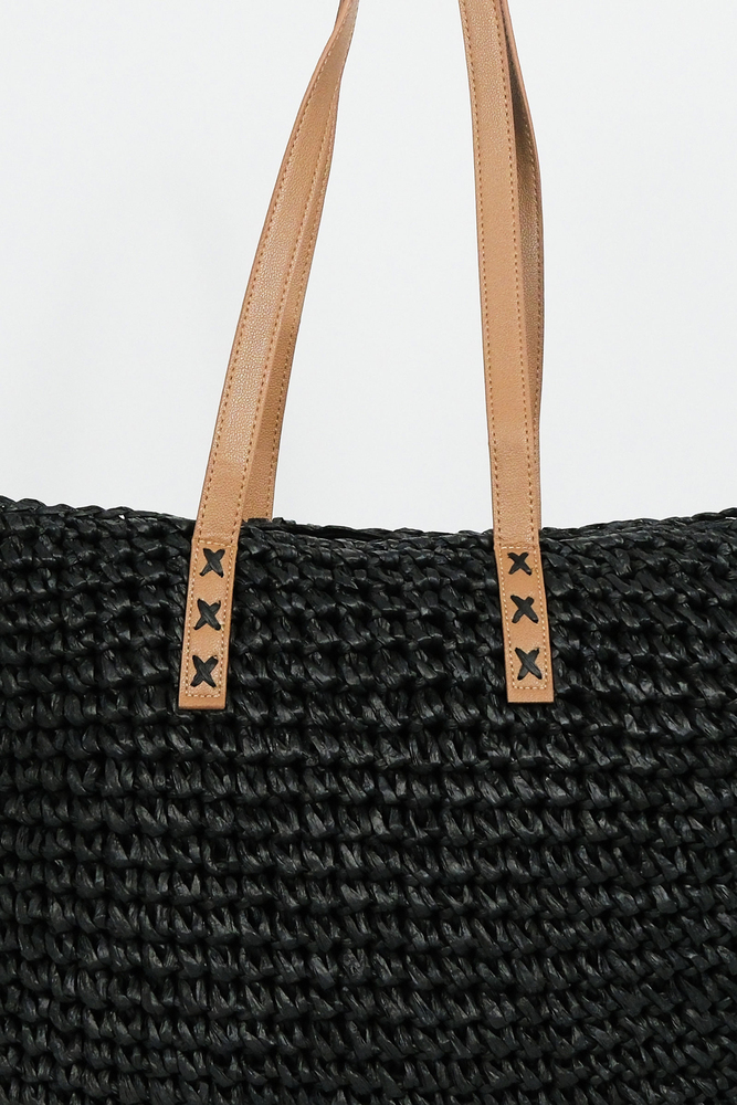 BE BLUE - SİYAH DERİ SAPLI HASIR ÇANTA