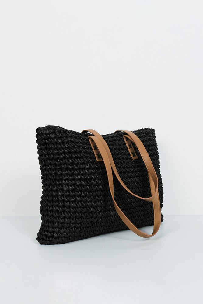 BE BLUE - SİYAH DERİ SAPLI HASIR ÇANTA