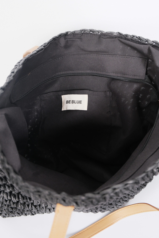 BE BLUE - SİYAH DERİ SAPLI HASIR ÇANTA