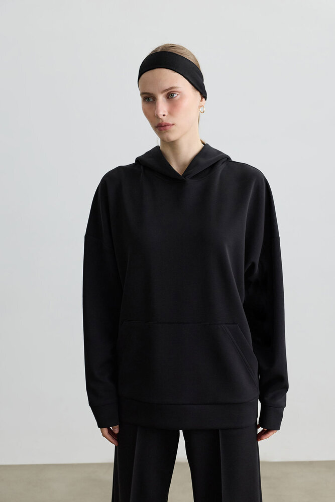 SİYAH KAPÜŞONLU İNCE SWEATSHIRT - Thumbnail