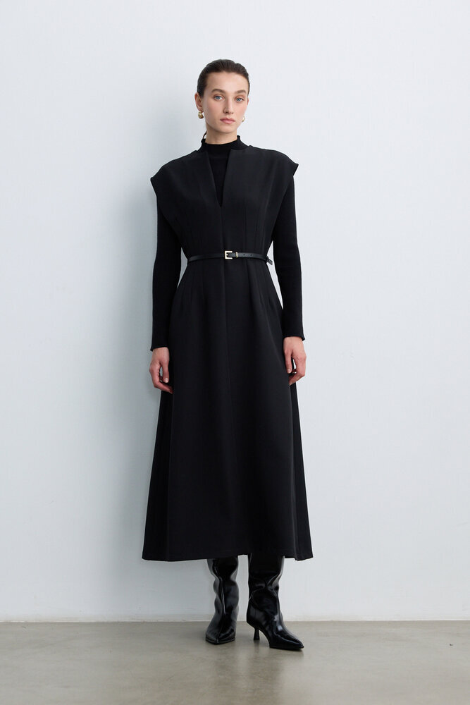 BE BLUE - SİYAH KEMER DETAYLI JİLE ELBİSE