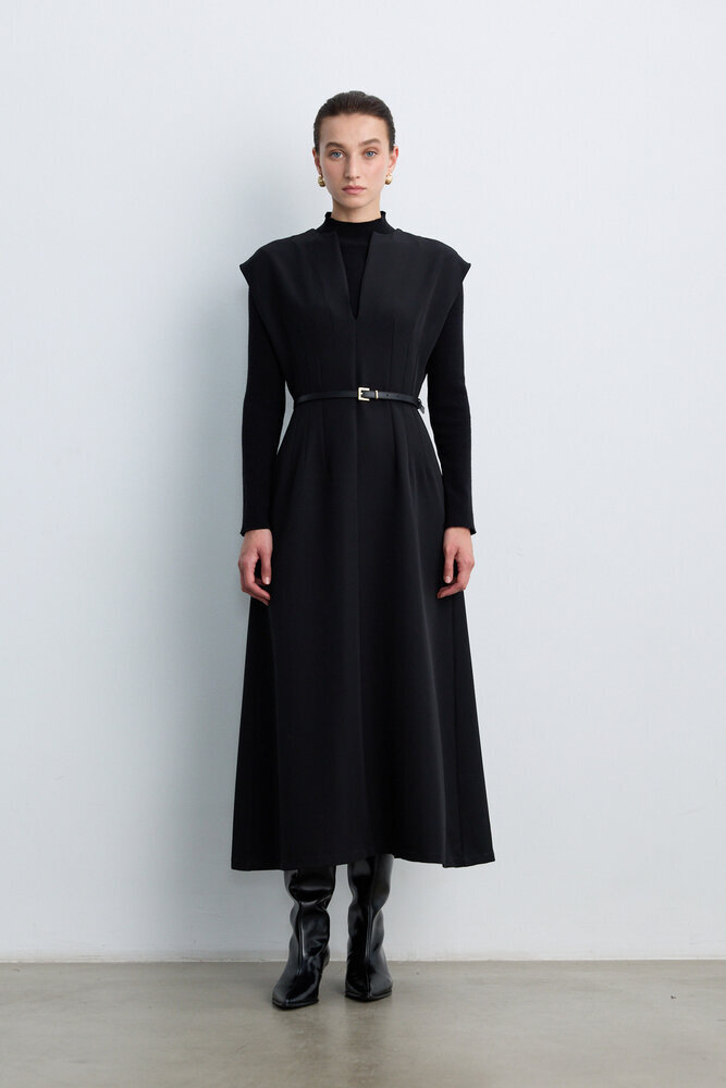 BE BLUE - SİYAH KEMER DETAYLI JİLE ELBİSE