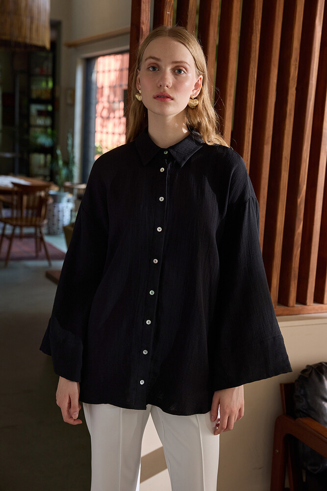 BE BLUE - SİYAH KİMONO KOLLU MÜSLİN GÖMLEK