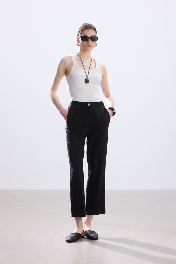 BE BLUE - SİYAH KISA STRAIGHT PAMUK KETEN PANTOLON