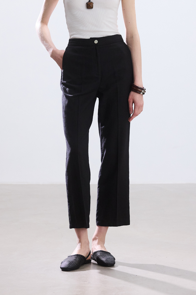 BE BLUE - SİYAH KISA STRAIGHT PAMUK KETEN PANTOLON