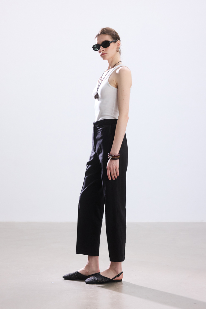 BE BLUE - SİYAH KISA STRAIGHT PAMUK KETEN PANTOLON