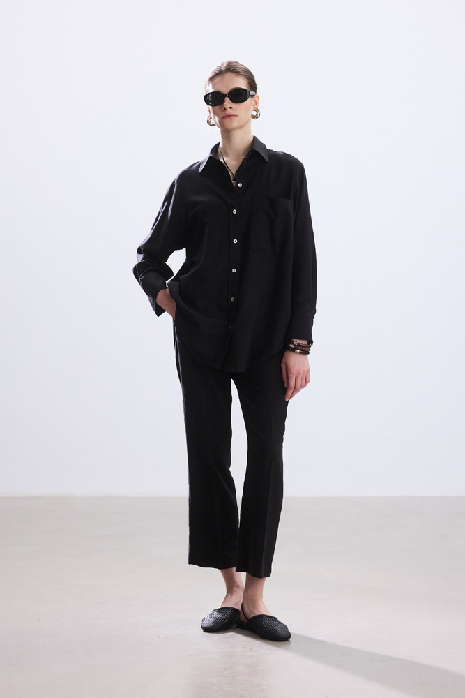 BE BLUE - SİYAH KISA STRAIGHT PAMUK KETEN PANTOLON