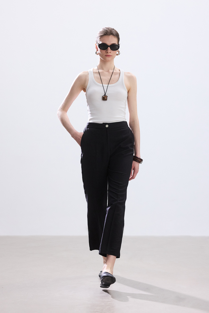 BE BLUE - SİYAH KISA STRAIGHT PAMUK KETEN PANTOLON