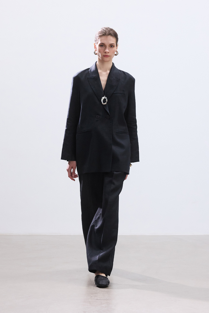 BE BLUE - SİYAH KUŞAKLI KETEN BLAZER CEKET