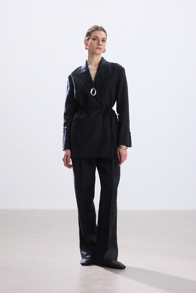 BE BLUE - SİYAH KUŞAKLI KETEN BLAZER CEKET