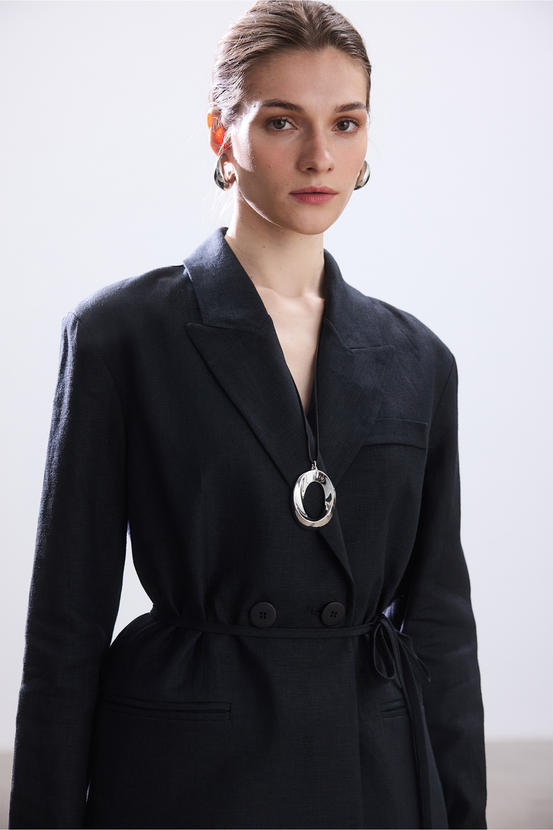 SİYAH KUŞAKLI KETEN BLAZER CEKET