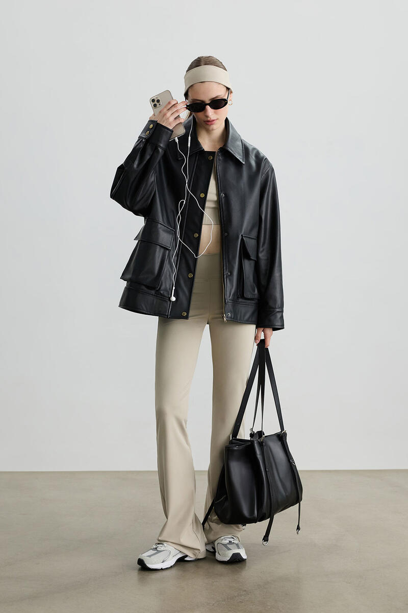 SİYAH OVERSIZE DERİ CEKET