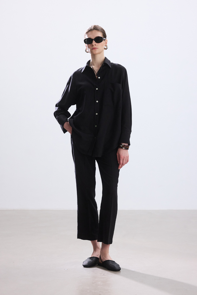 BE BLUE - SİYAH PAMUK KETEN GÖMLEK