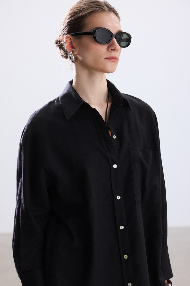 BE BLUE - SİYAH PAMUK KETEN GÖMLEK