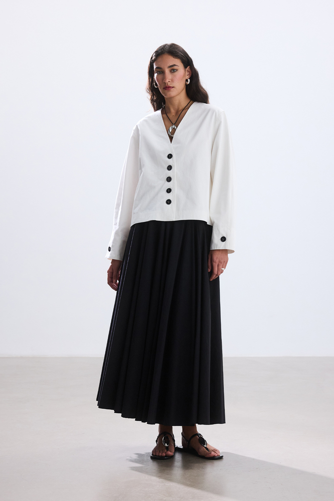 BE BLUE - SİYAH PARÇA DETAYLI POPLİN ETEK