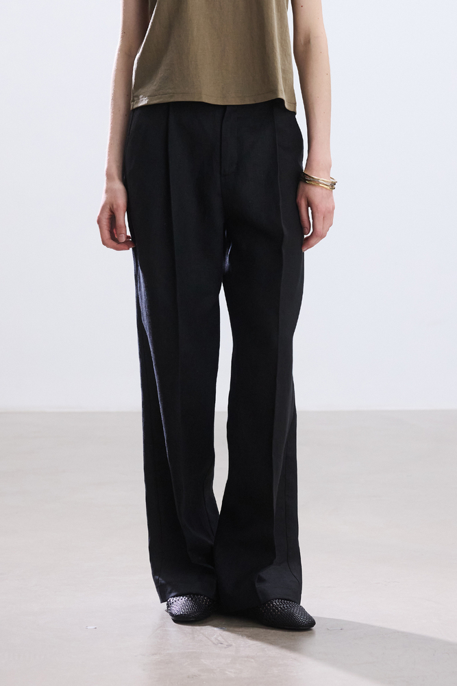 BE BLUE - SİYAH PİLELİ KETEN PANTOLON