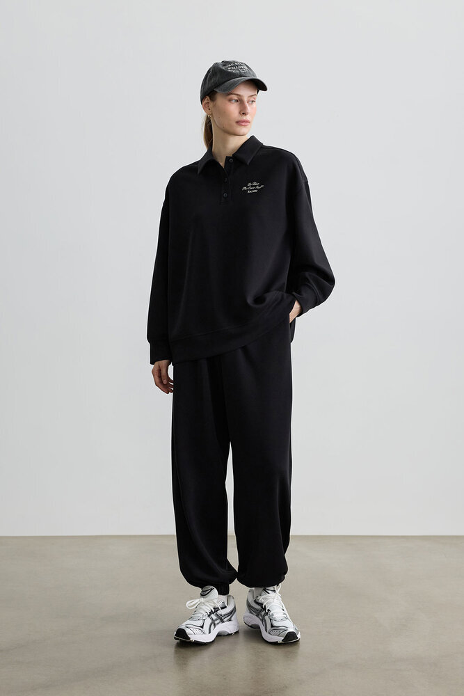 SİYAH POLO YAKA İNCE SWEATSHIRT - Thumbnail