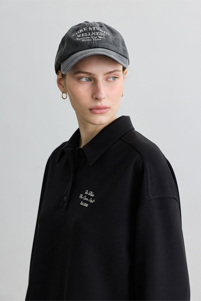 SİYAH POLO YAKA İNCE SWEATSHIRT - Thumbnail