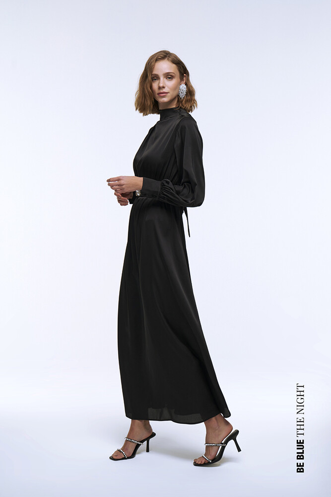 BE BLUE - SİYAH TAŞLI SATEN ELBİSE