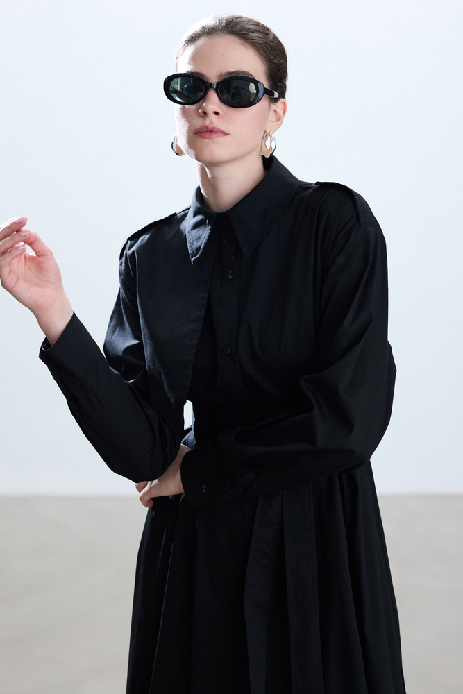 BE BLUE - SİYAH PAMUKLU TRENÇ ELBİSE