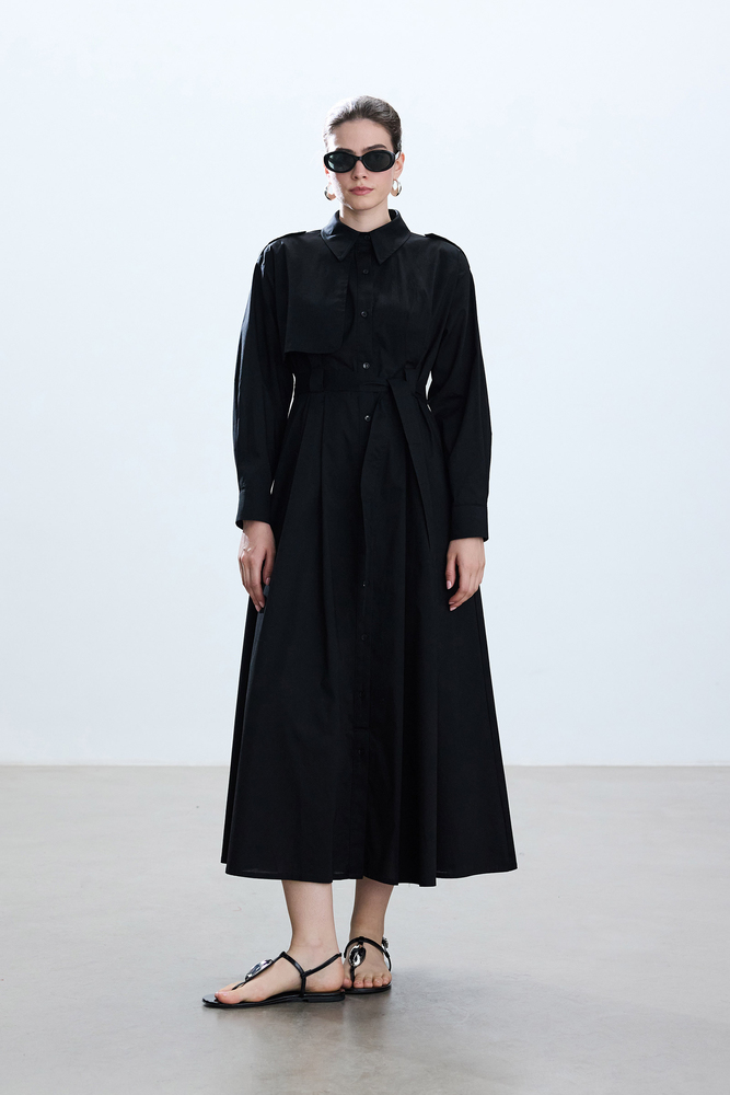 BE BLUE - SİYAH PAMUKLU TRENÇ ELBİSE