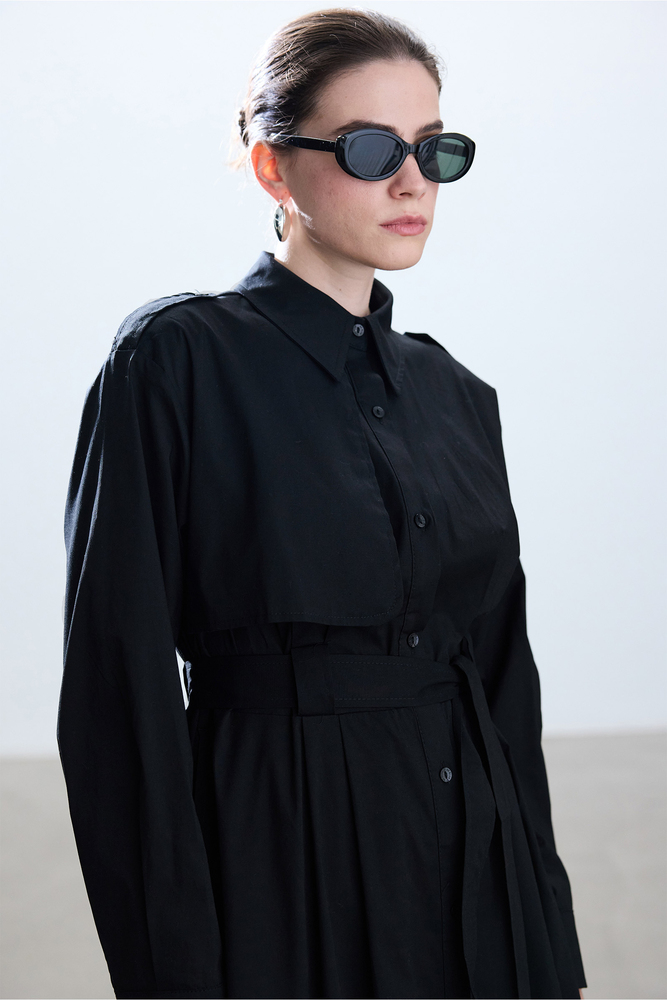 BE BLUE - SİYAH PAMUKLU TRENÇ ELBİSE