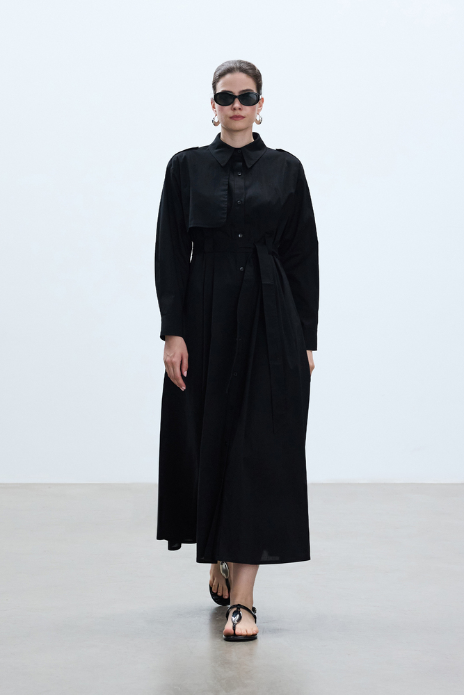 BE BLUE - SİYAH PAMUKLU TRENÇ ELBİSE