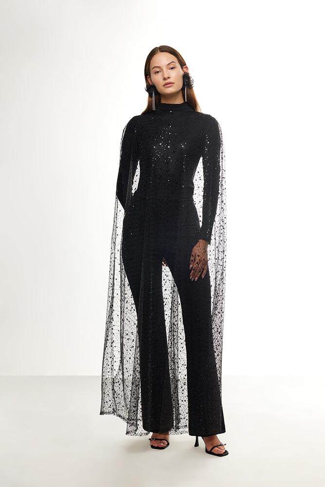 BE BLUE - SİYAH UZUN IŞILTILI PELERİN