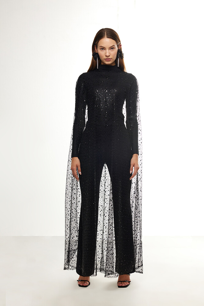 BE BLUE - SİYAH UZUN IŞILTILI PELERİN