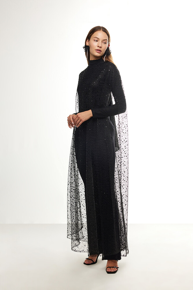 BE BLUE - SİYAH UZUN IŞILTILI PELERİN