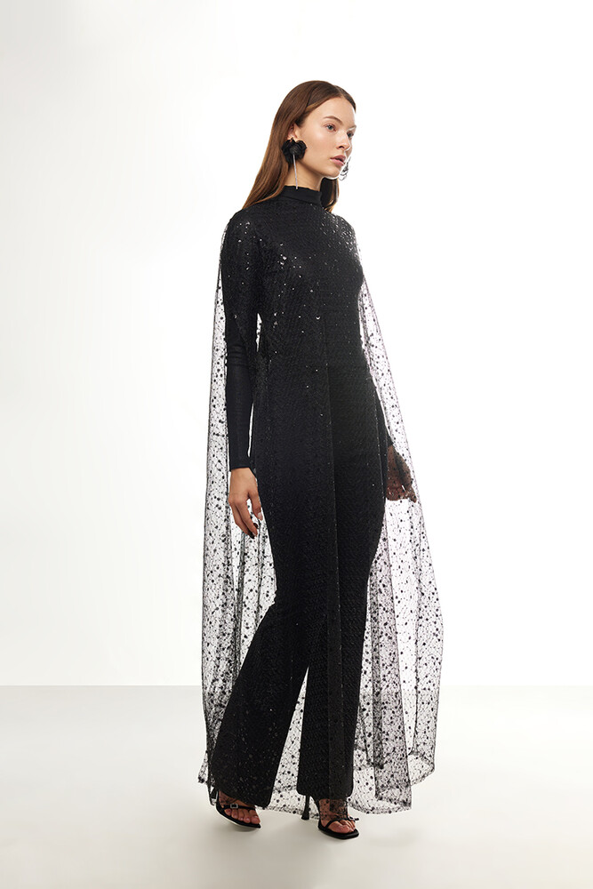 BE BLUE - SİYAH UZUN IŞILTILI PELERİN