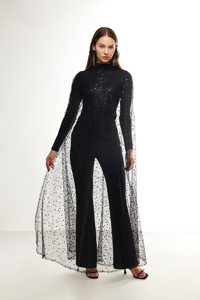 BE BLUE - SİYAH UZUN IŞILTILI PELERİN