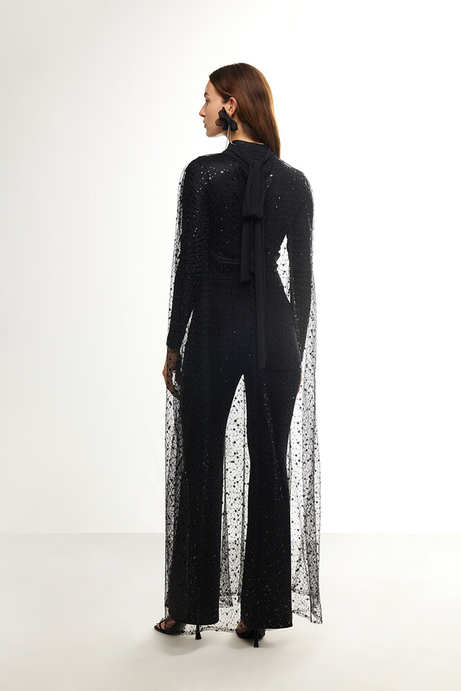 BE BLUE - SİYAH UZUN IŞILTILI PELERİN