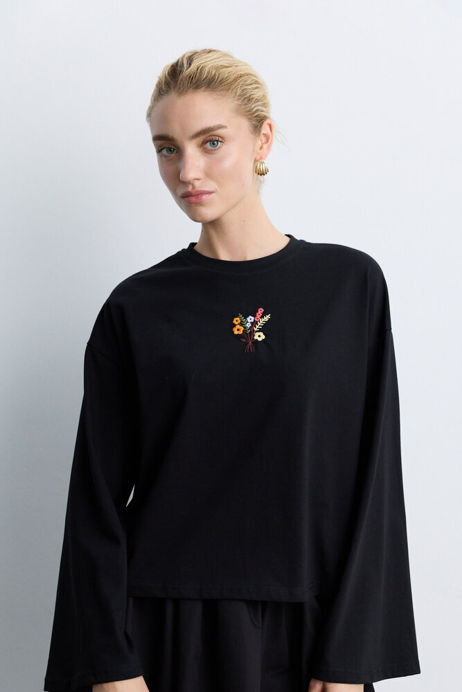 BE BLUE - SİYAH UZUN KOLLU NAKIŞLI T-SHIRT