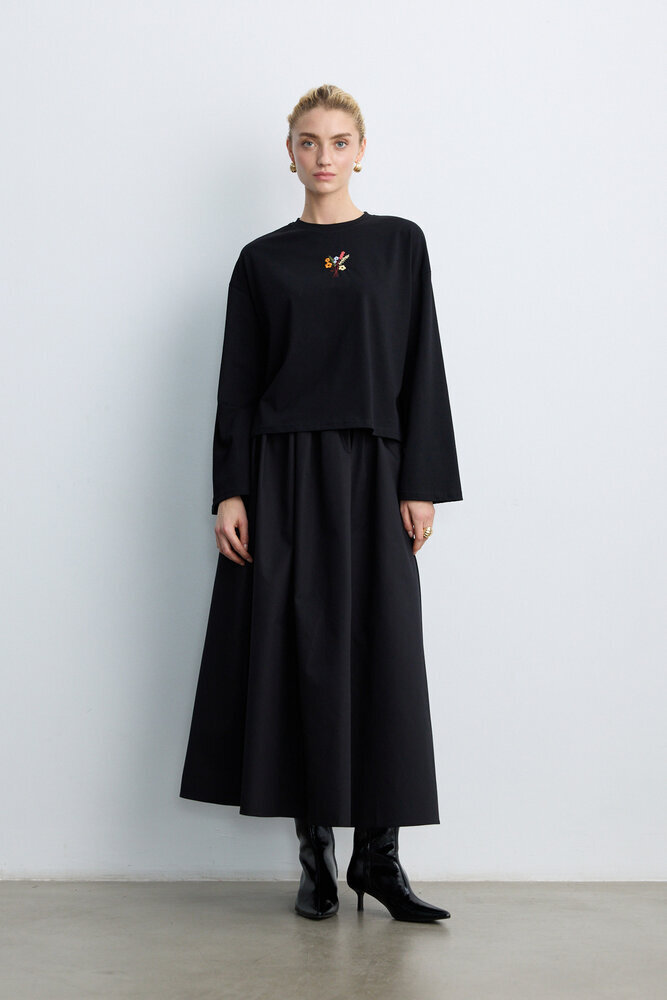 BE BLUE - SİYAH UZUN KOLLU NAKIŞLI T-SHIRT