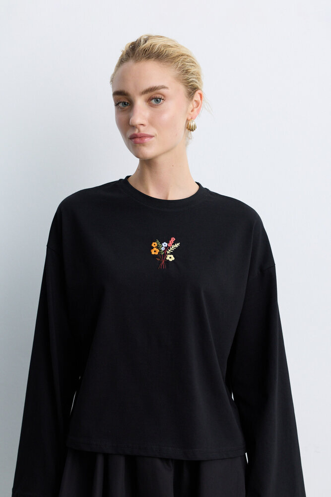 BE BLUE - SİYAH UZUN KOLLU NAKIŞLI T-SHIRT