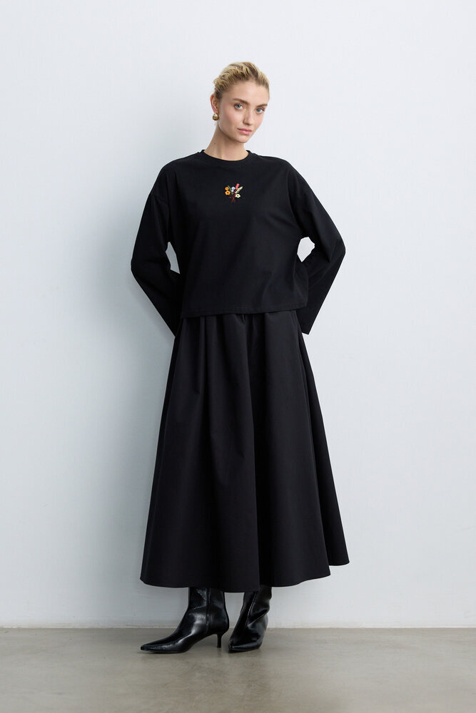 BE BLUE - SİYAH UZUN KOLLU NAKIŞLI T-SHIRT