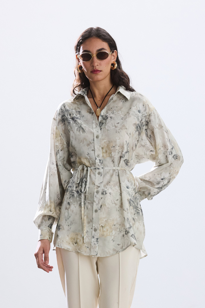 BE BLUE - SOFT HAKİ FLORAL DESENLİ VINTAGE GÖMLEK