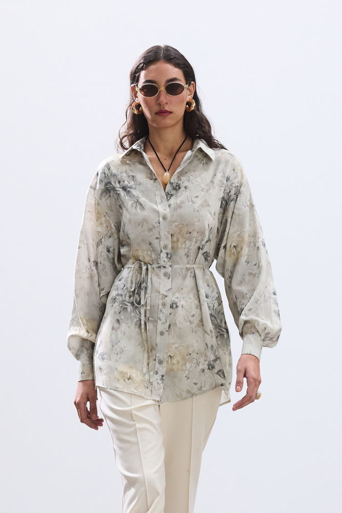 BE BLUE - SOFT HAKİ FLORAL DESENLİ VINTAGE GÖMLEK